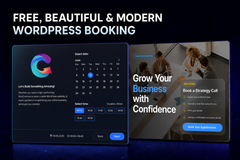 Free modern WordPress appointment booking plugin with dark calendar and business consultation layouts