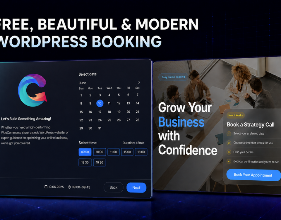 Free modern WordPress appointment booking plugin with dark calendar and business consultation layouts