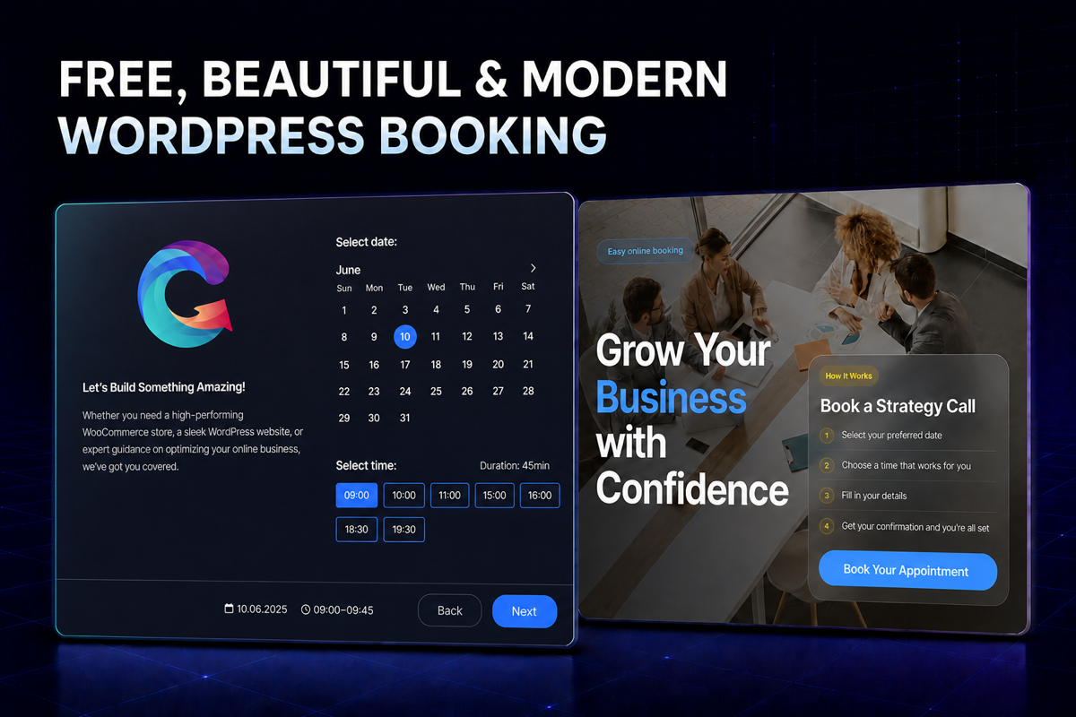 Free modern WordPress appointment booking plugin with dark calendar and business consultation layouts