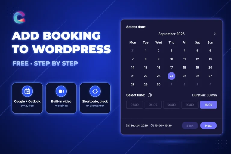 Add booking to WordPress: the Creavi booking calendar with date, time slots and Next button