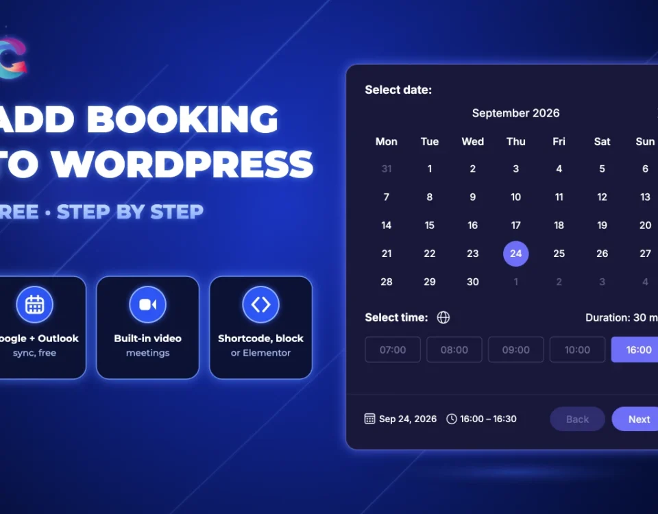 Add booking to WordPress: the Creavi booking calendar with date, time slots and Next button