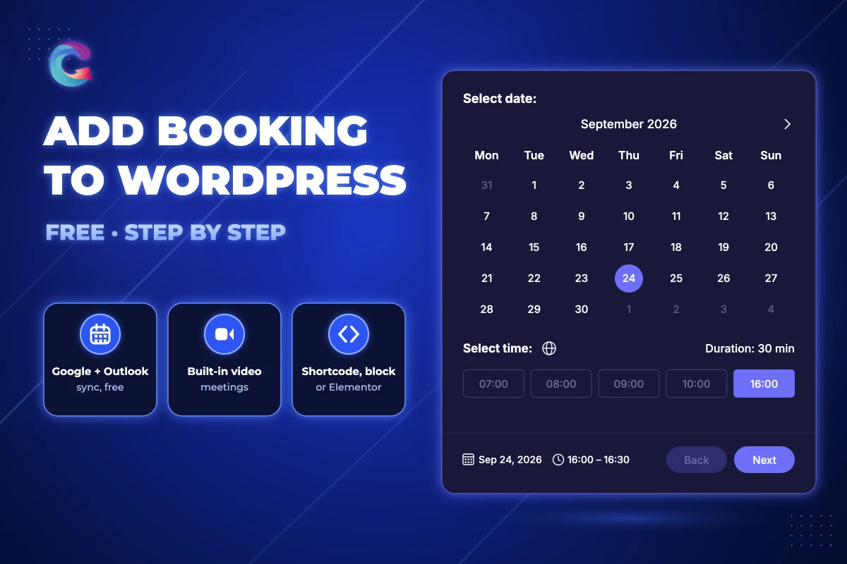 Add booking to WordPress: the Creavi booking calendar with date, time slots and Next button