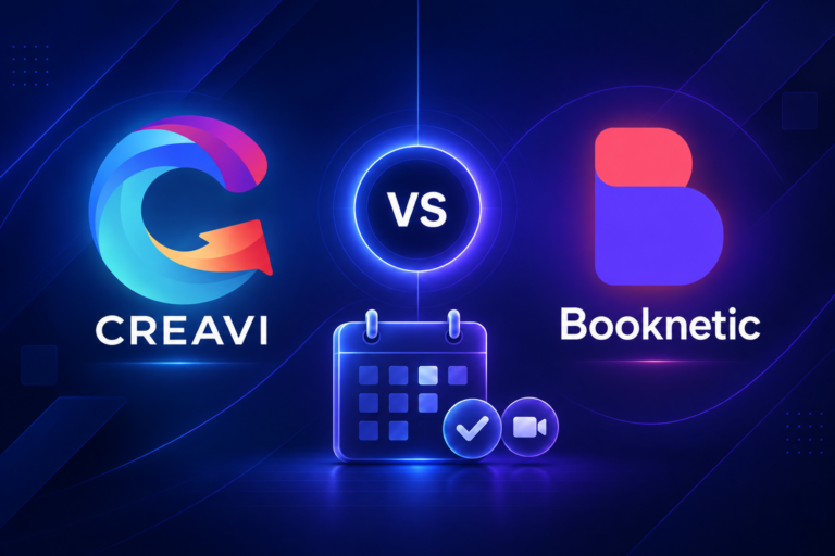 Creavi vs Booknetic WordPress booking plugin comparison with calendar and video meeting icons
