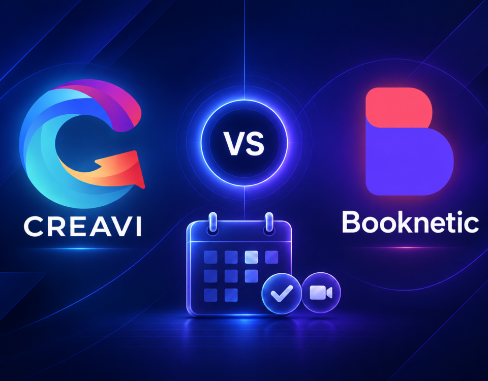 Creavi vs Booknetic WordPress booking plugin comparison with calendar and video meeting icons