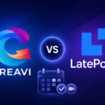 Creavi and LatePoint logos with calendar and video meeting symbols on a navy and violet background.