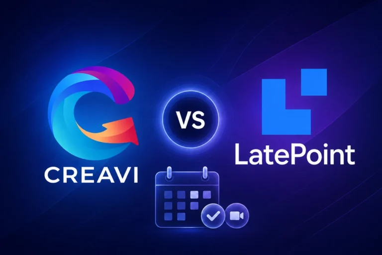 Creavi and LatePoint logos with calendar and video meeting symbols on a navy and violet background.