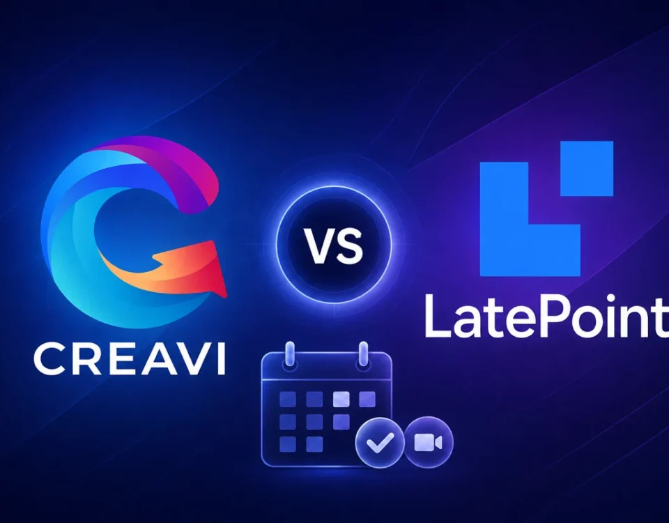 Creavi and LatePoint logos with calendar and video meeting symbols on a navy and violet background.