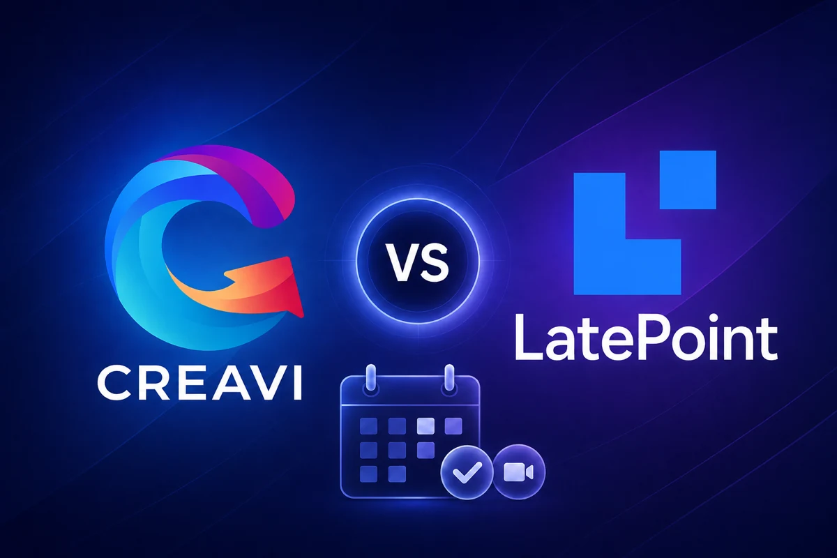 Creavi and LatePoint logos with calendar and video meeting symbols on a navy and violet background.