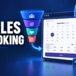 WordPress sales booking calendar with a confirmed product demo and video meeting symbol.