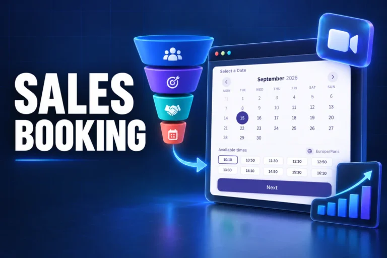 WordPress sales booking calendar with a confirmed product demo and video meeting symbol.