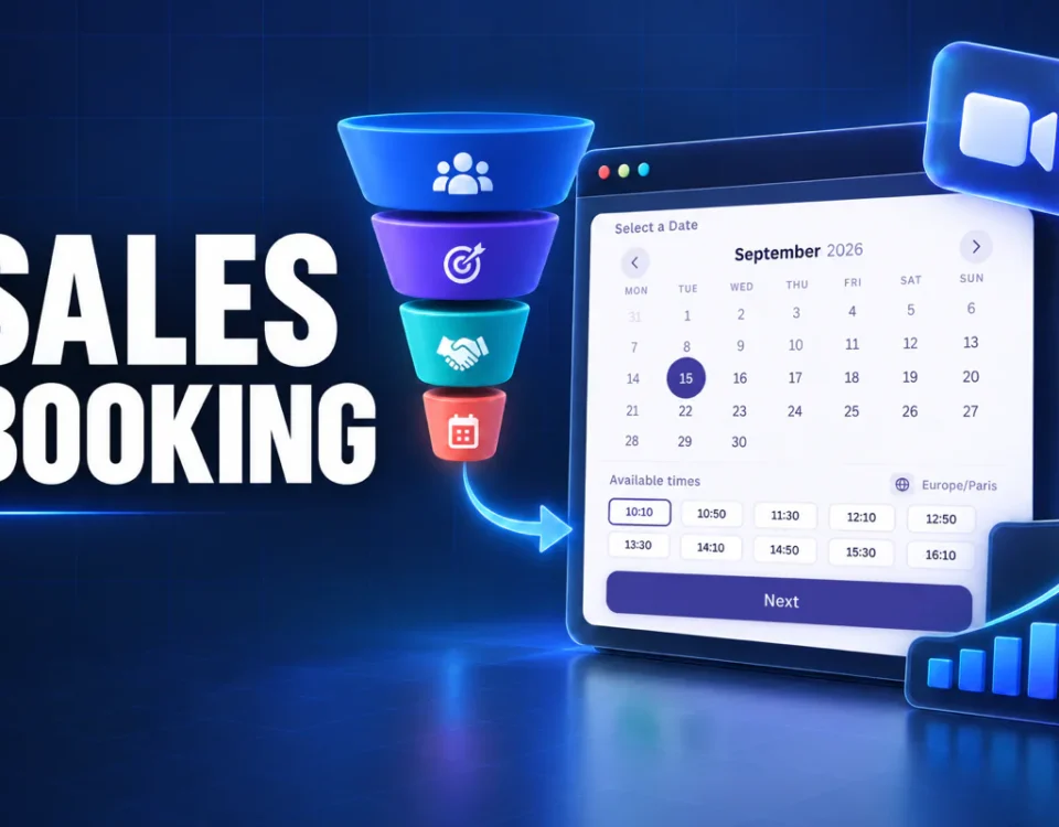 WordPress sales booking calendar with a confirmed product demo and video meeting symbol.