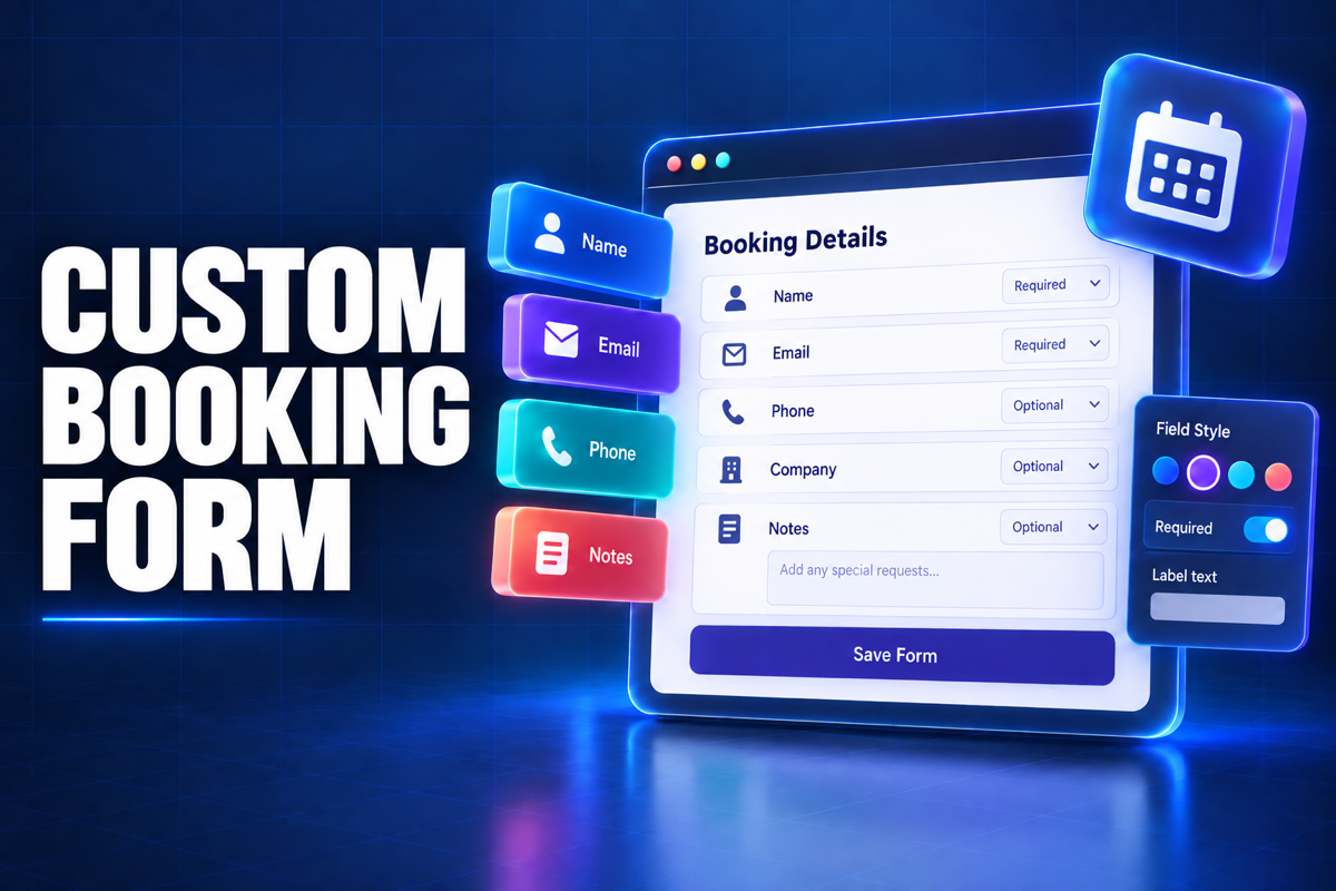 WordPress booking plugin with custom fields shown in the Creavi booking form editor.