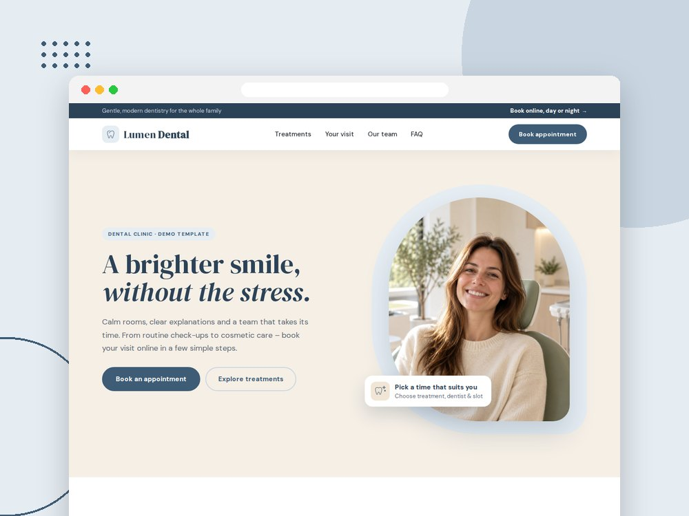 A dental clinic demo with treatment information and appointment booking.