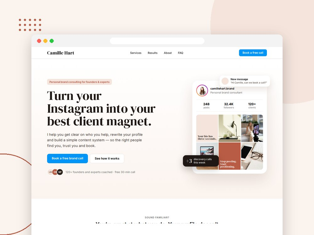 A personal brand consulting demo with service details and a brand-call calendar.