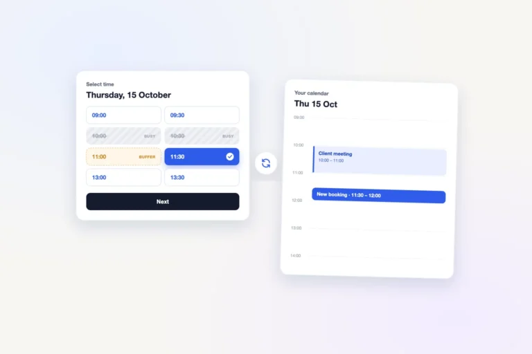 Booking calendar with two time slots marked busy and one marked buffer, next to a calendar day view showing a client meeting and a new booking