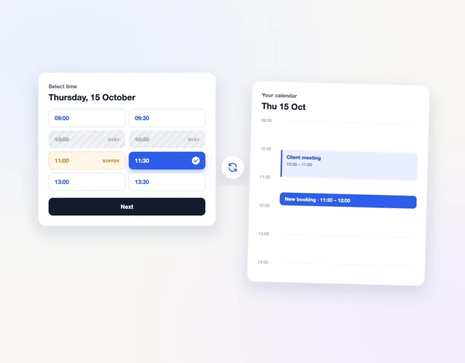 Booking calendar with two time slots marked busy and one marked buffer, next to a calendar day view showing a client meeting and a new booking