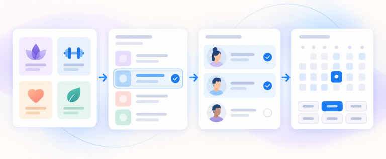 WordPress service catalog illustration showing category, service, provider and booking time choices